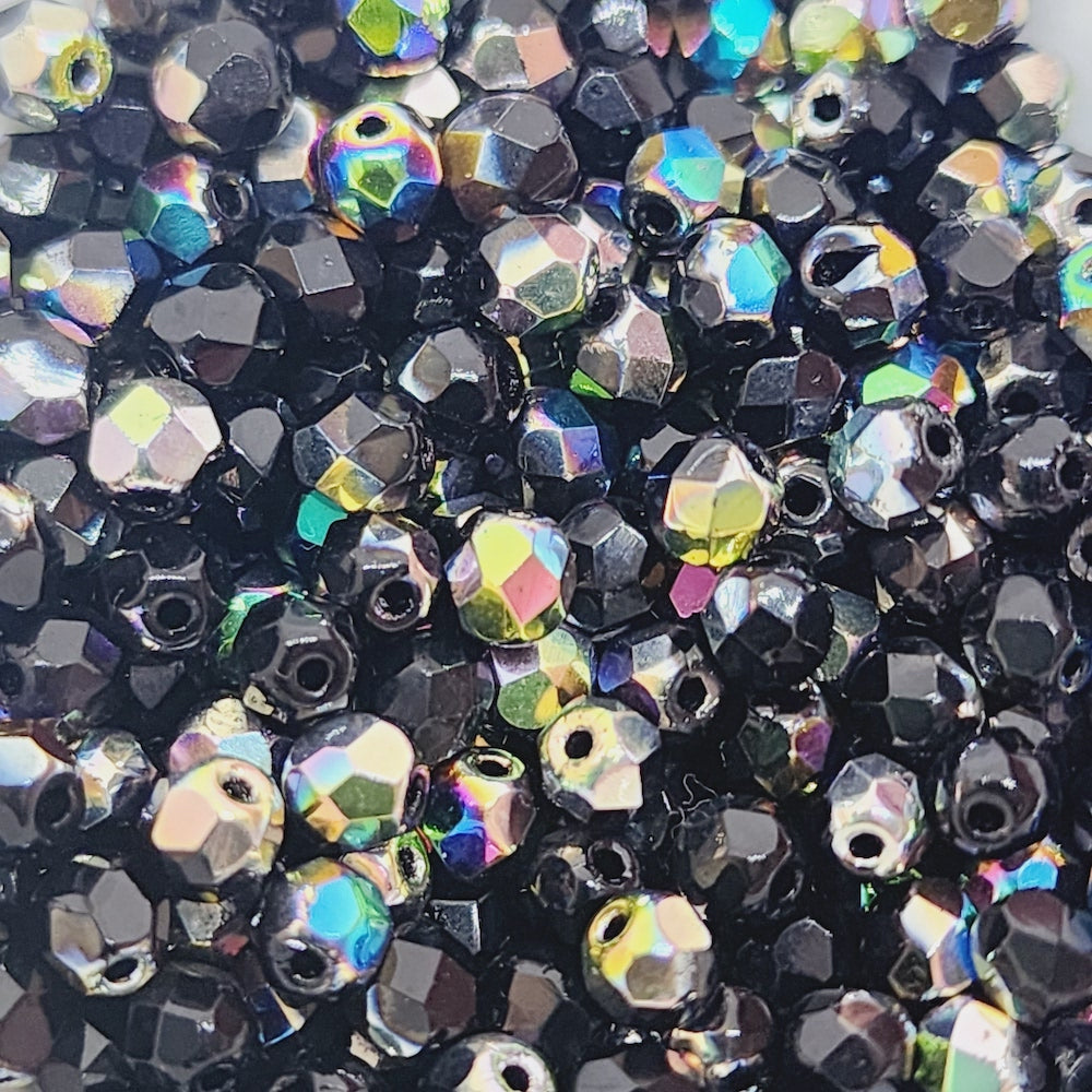 4mm Fire Polish (100) - Jet Marquisite - Vintage Czech Glass Beads