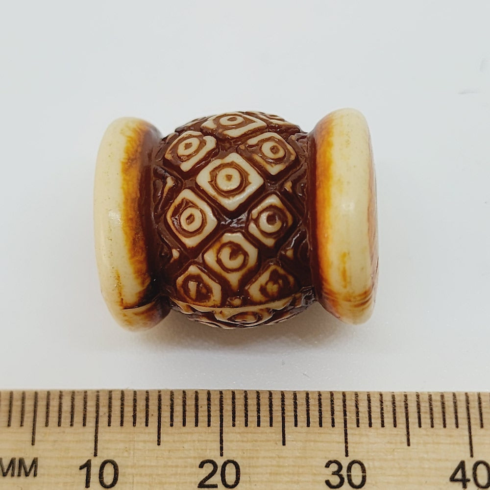 22mm Barrel (10) - Brown/Cream - Persian Style Vintage Beads