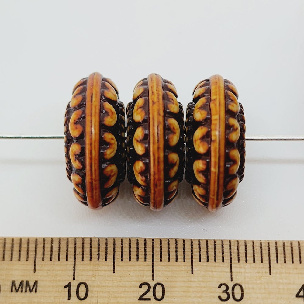 7.5x18mm Rondelle (10) - Brown/Cream - Persian Style Vintage Beads