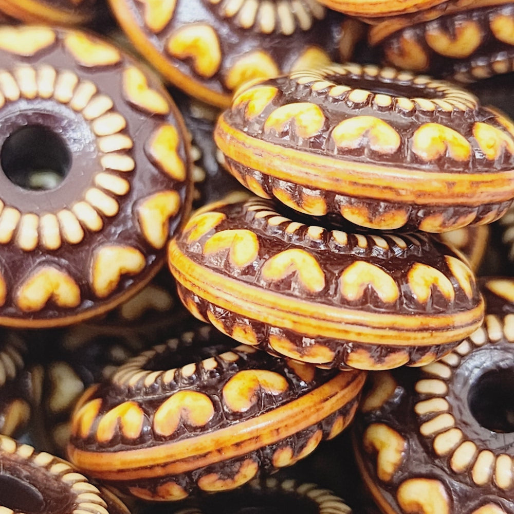 7.5x18mm Rondelle (10) - Brown/Cream - Persian Style Vintage Beads