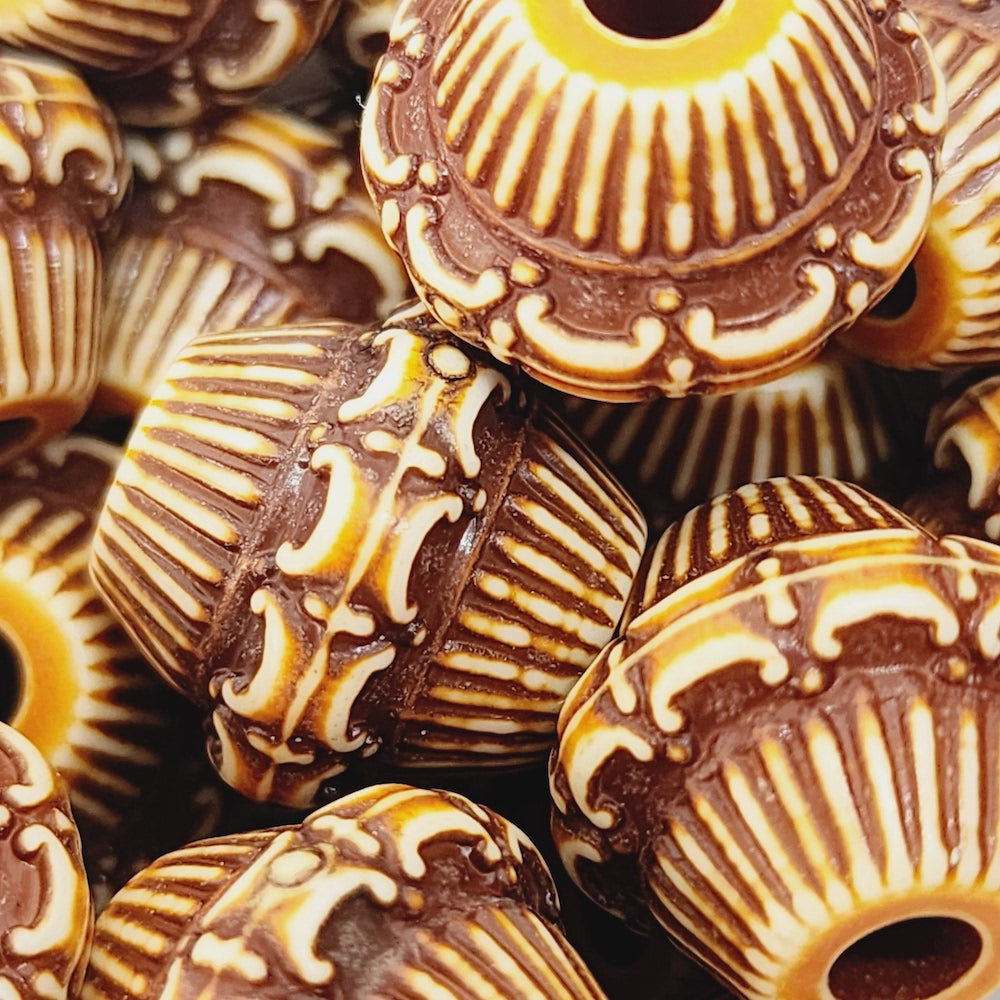 15x16mm Frilly Bicone (10) - Brown/Cream - Persian Style Vintage Beads