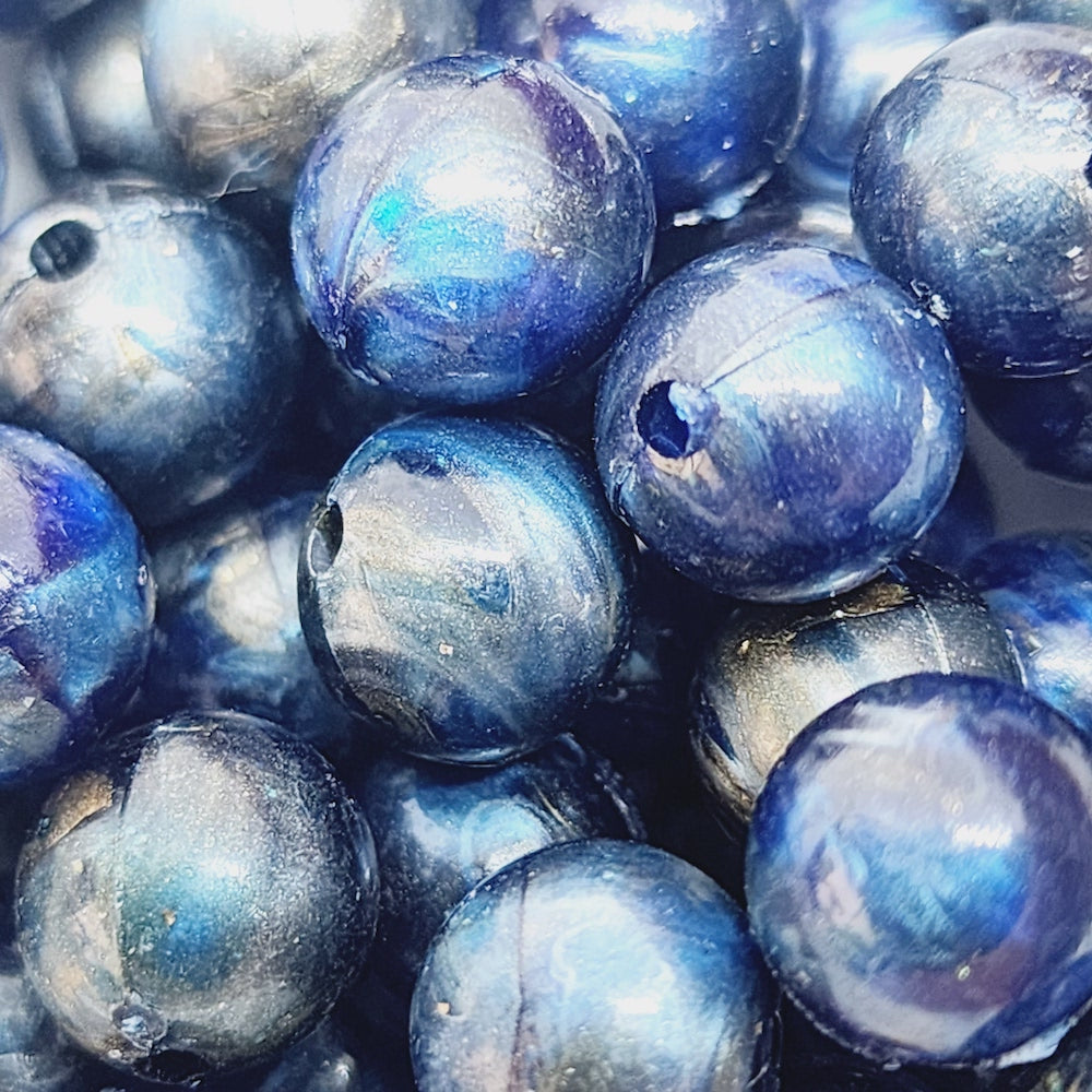 8mm Round (50) - Blue - Vintage Metallic Marbled Effect Beads