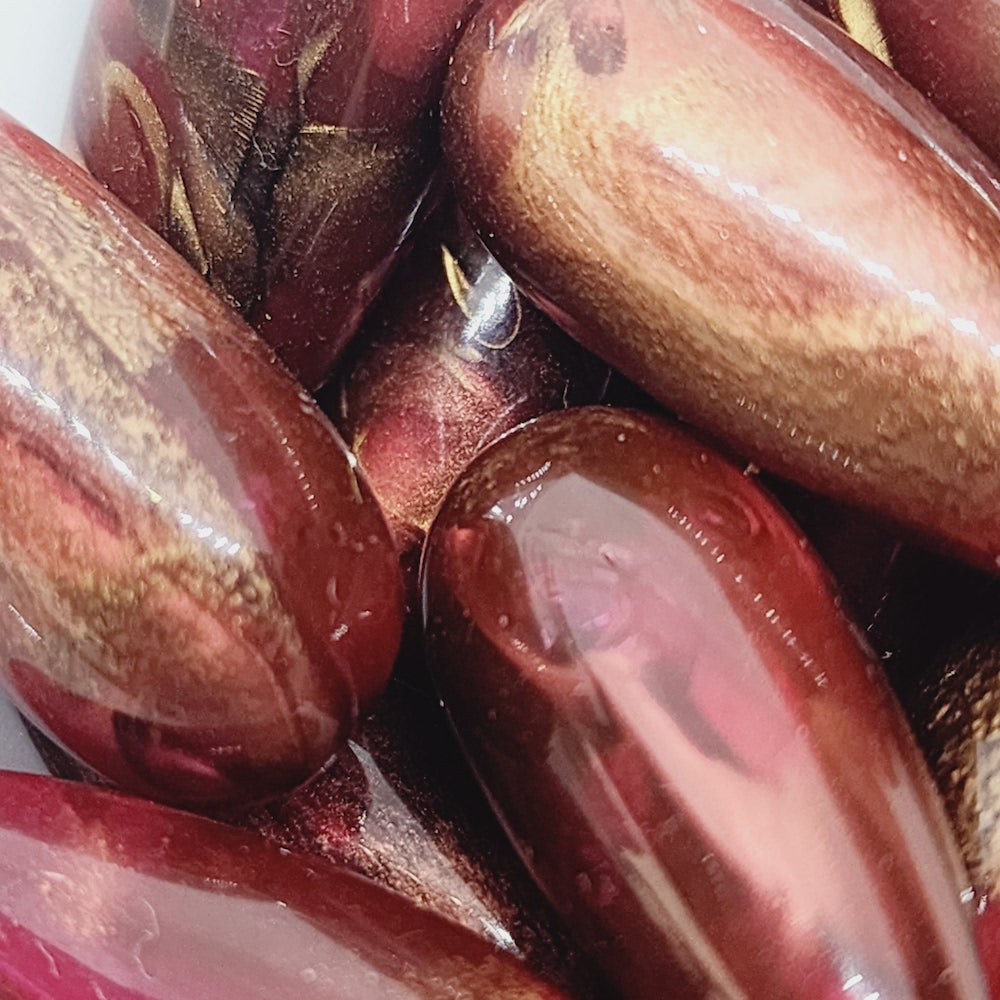 28x13mm Teardrop (10) - Transparent Cerise w. Bronze - Vintage Marbled Beads