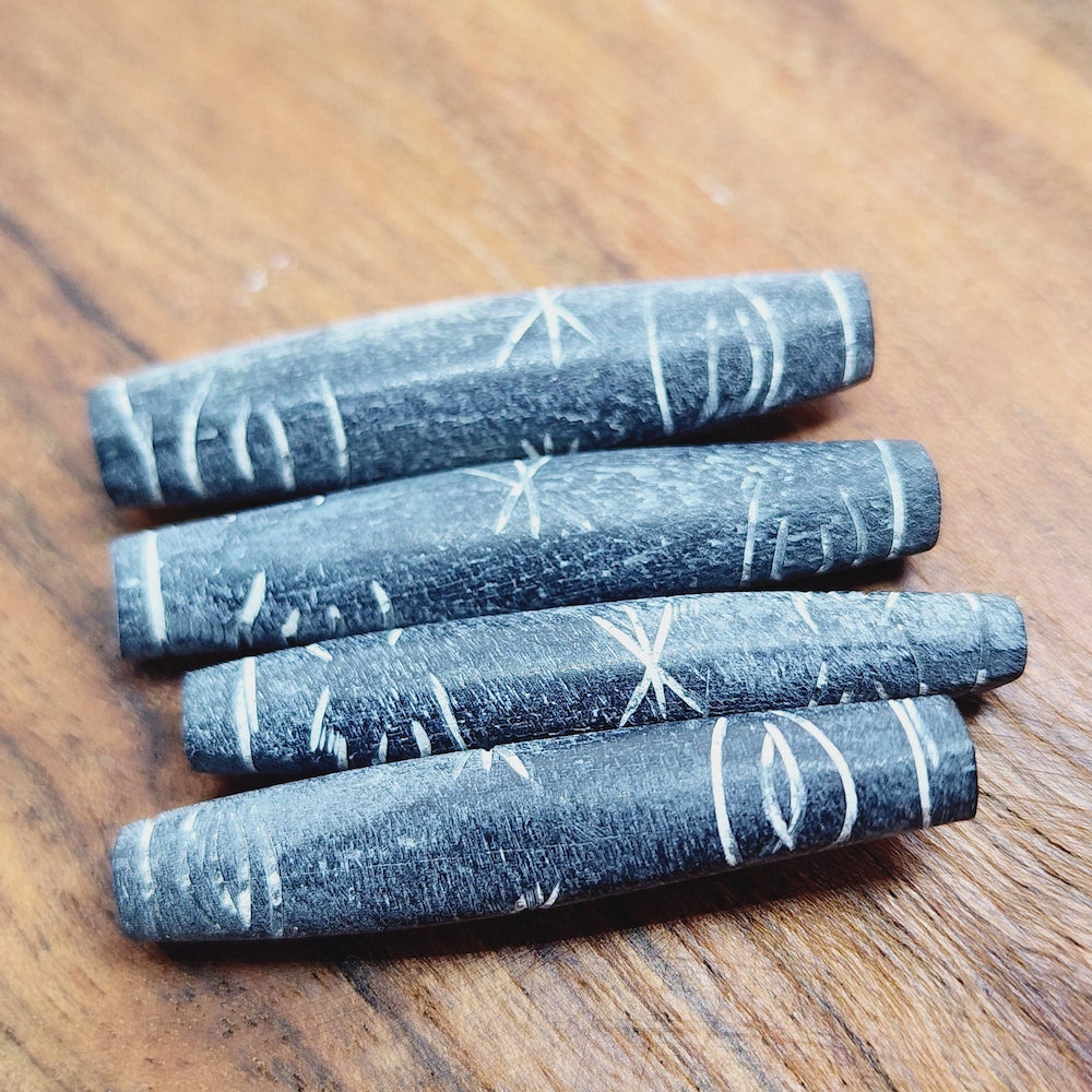 38x8mm Hair Pipe Bead (10) - Black Bone w. Asterisk & Eye Carvings - Vintage Bone Beads