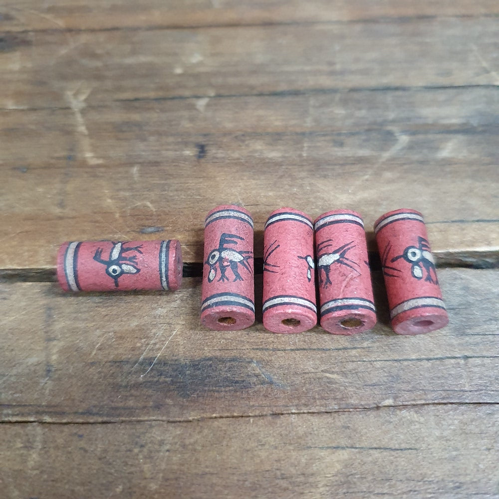 18x8mm Tube (5) - Hummingbird - Ceramic Hand Painted Vintage Beads