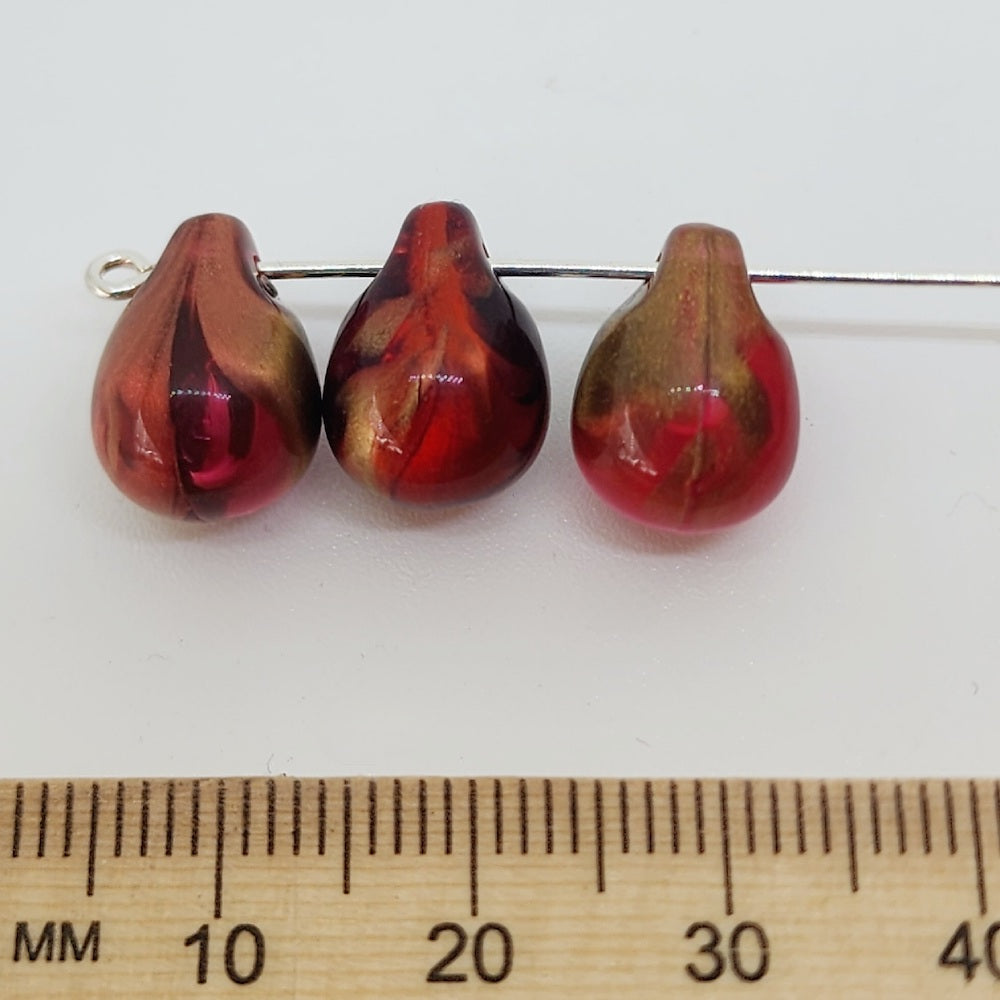 13x10mm Teardrop (10) - Transparent Red w. Bronze- Vintage Marbled Beads