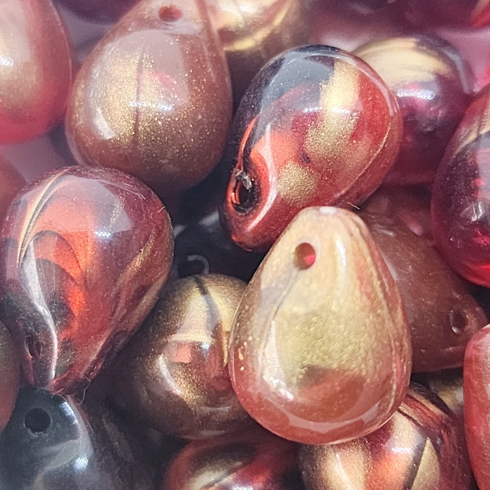 13x10mm Teardrop (10) - Transparent Red w. Bronze- Vintage Marbled Beads