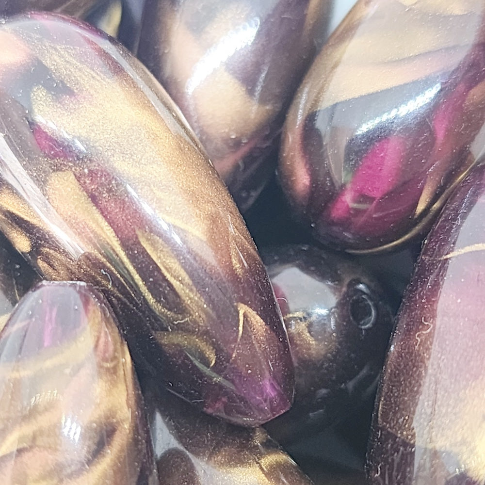 28x13mm Teardrop (10) - Transparent Plum Purple w. Bronze - Vintage Marbled Beads