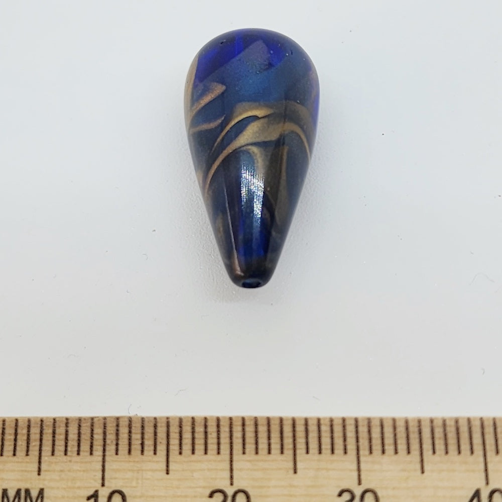 28x13mm Teardrop (2) - Transparent Blue w. Bronze - Vintage Marbled Beads