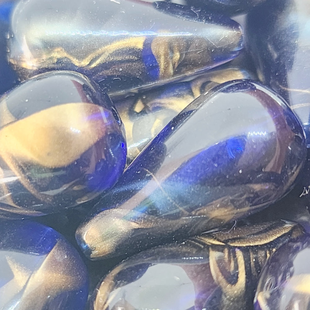 28x13mm Teardrop (2) - Transparent Blue w. Bronze - Vintage Marbled Beads