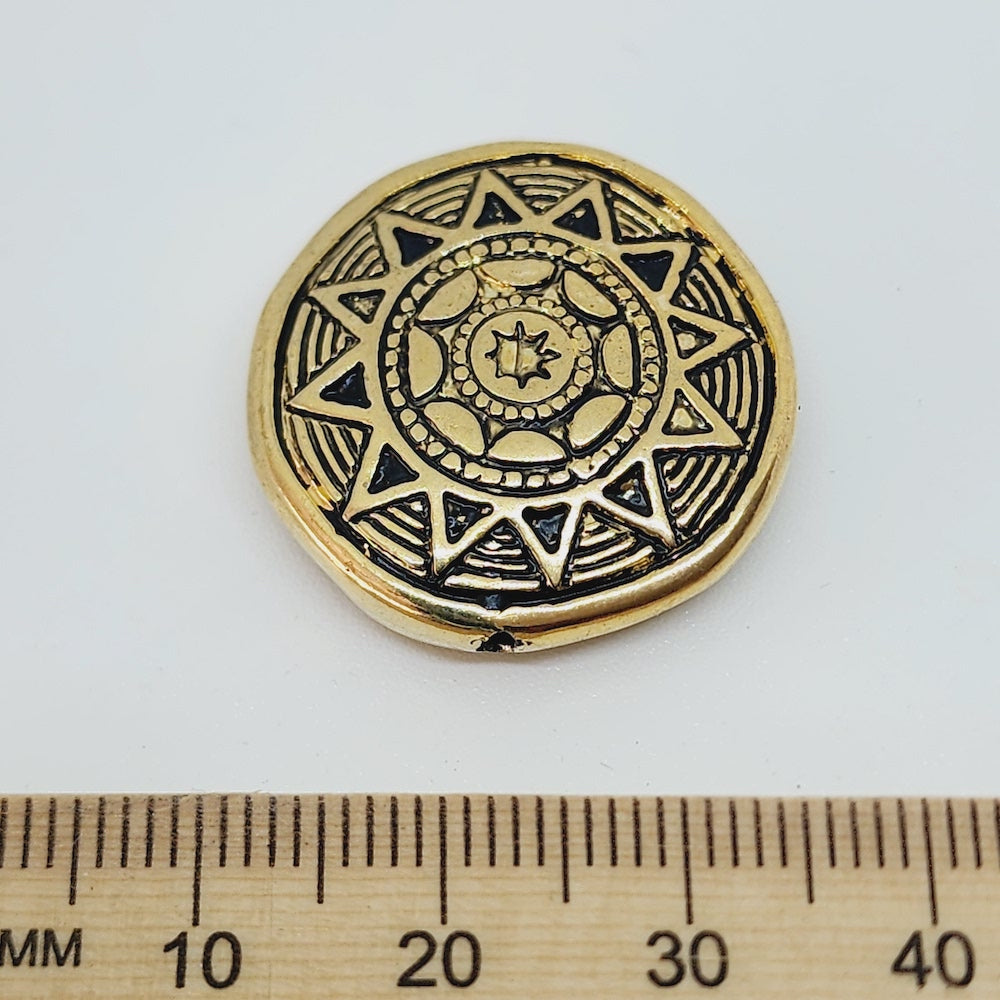 24mm Aztec Sun Symbol (5) - Gold - Vintage Metalised Beads