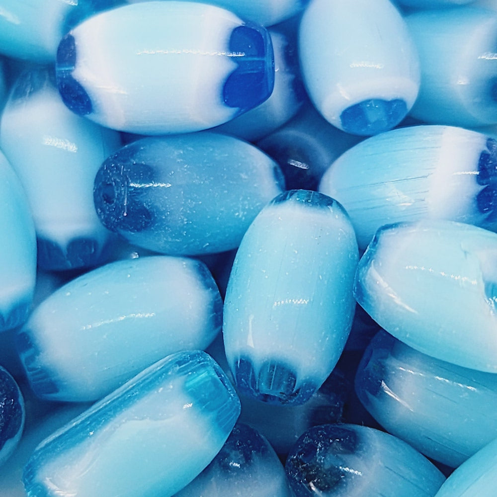 13x8~9mm Oval (10) - Aqua & White - Vintage Chevron Glass Beads