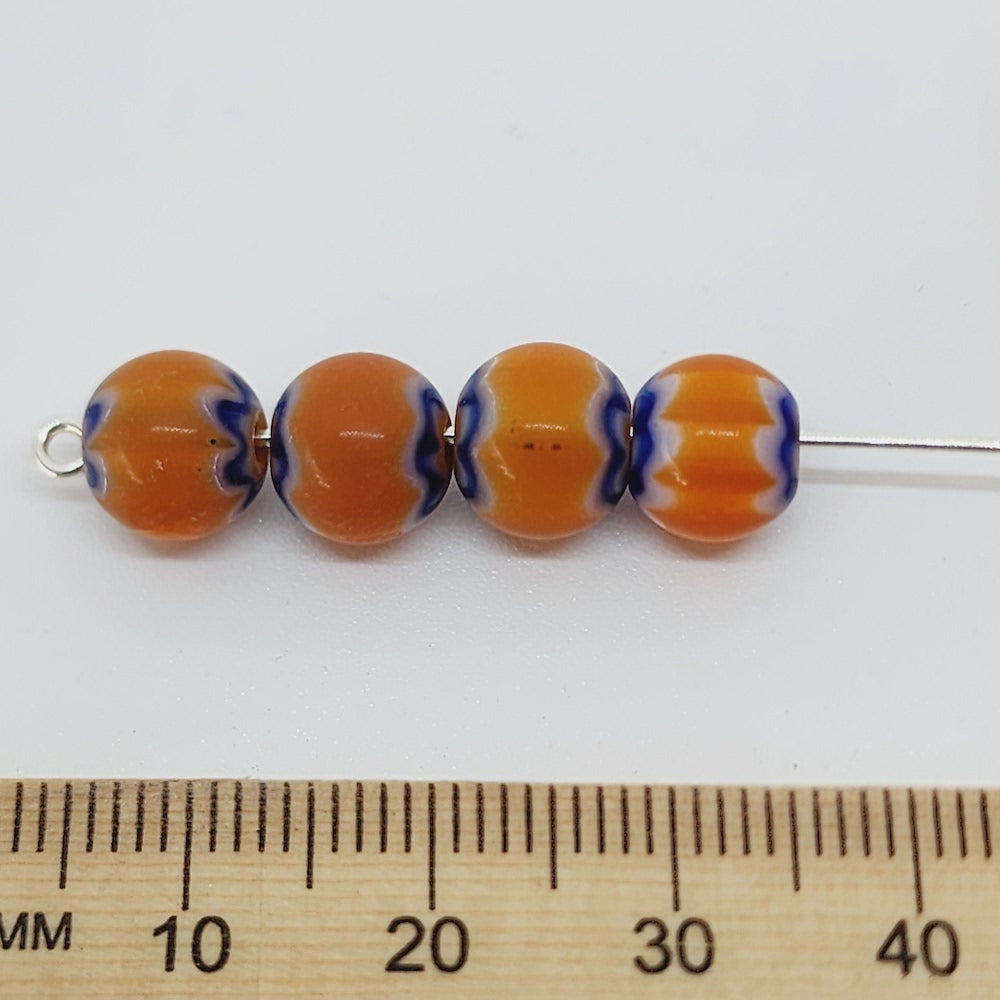 8mm Round (25) - Orange & Blue - Vintage Chevron Glass Beads