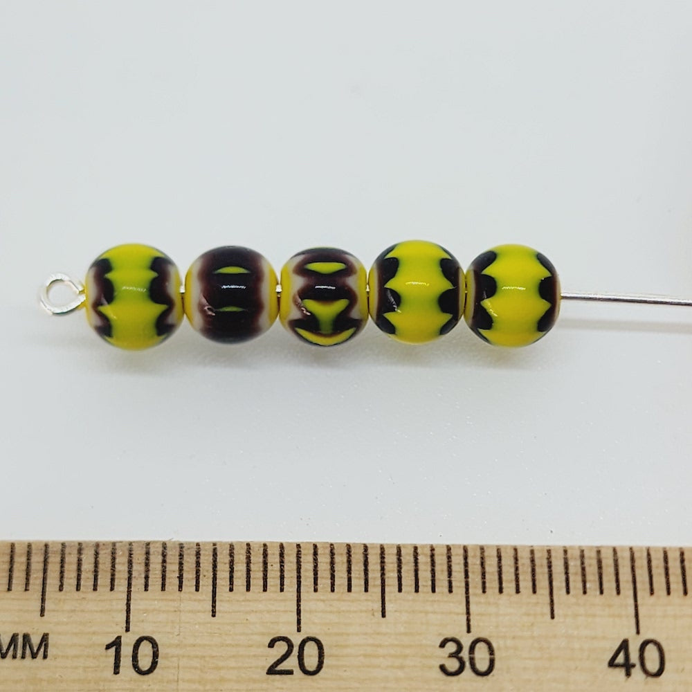 6mm Round (25) - Aubergine & Yellow - Vintage Chevron Glass Beads