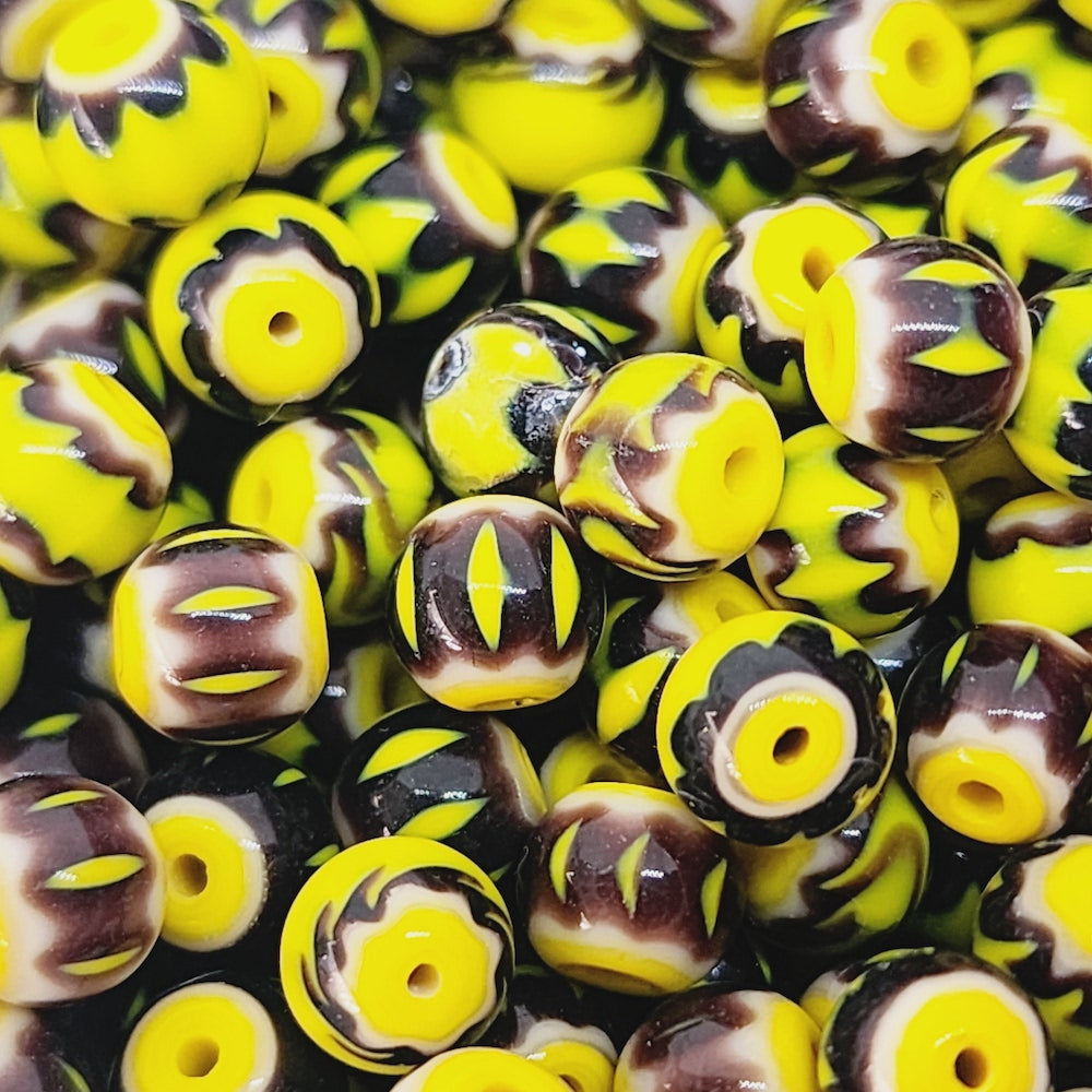 6mm Round (25) - Aubergine & Yellow - Vintage Chevron Glass Beads