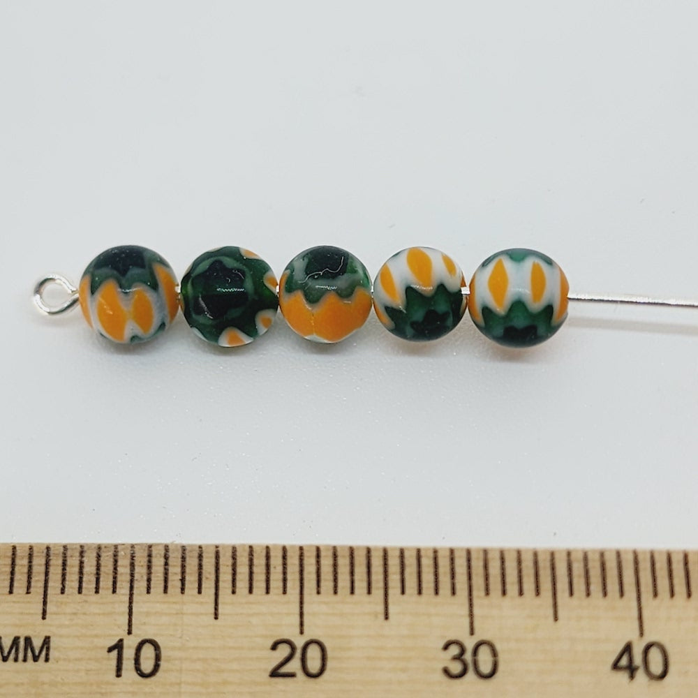 6mm Cross Drilled Round (25) - Orange & Green - Vintage Chevron Glass Beads