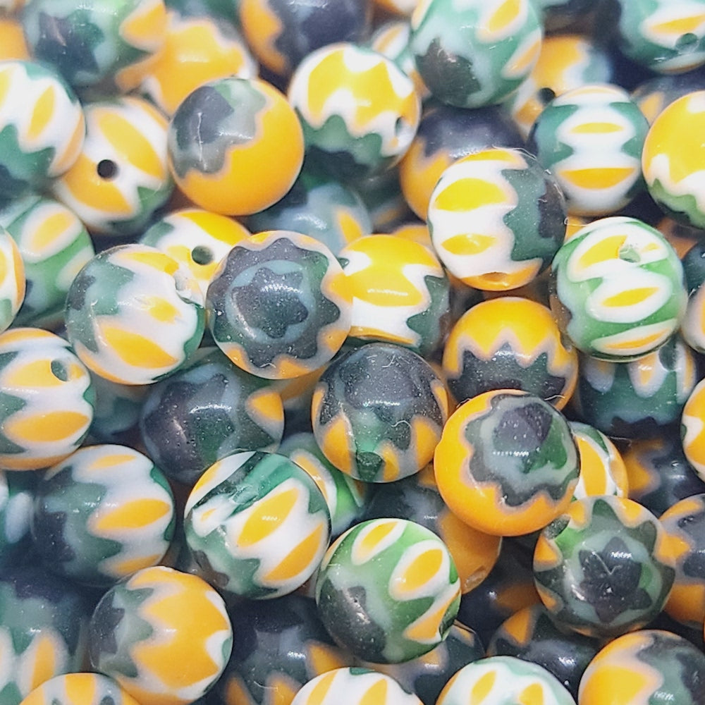 6mm Cross Drilled Round (25) - Orange & Green - Vintage Chevron Glass Beads