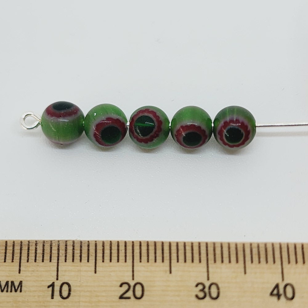6mm Cross Drilled Round (25) - Green & Red - Vintage Chevron Glass Beads