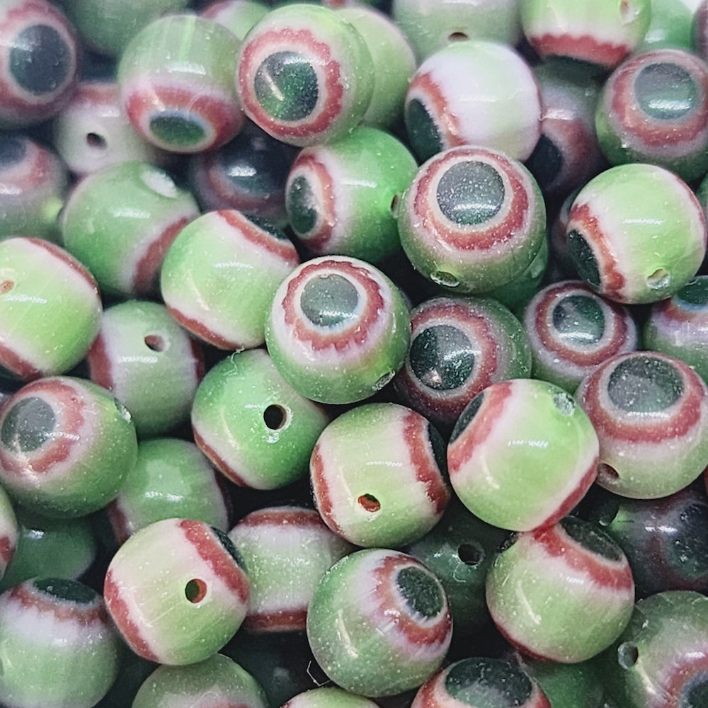 6mm Cross Drilled Round (25) - Green & Red - Vintage Chevron Glass Beads