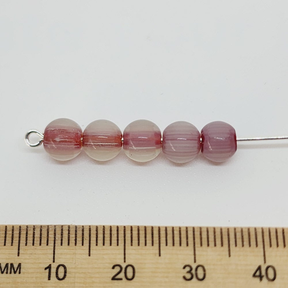 6mm Round (25) - Red & Clear - Vintage Chevron Glass Beads