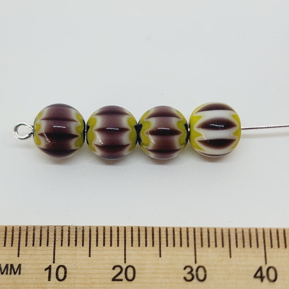 8mm Round (25) - Aubergine & Yellow - Vintage Chevron Glass Beads