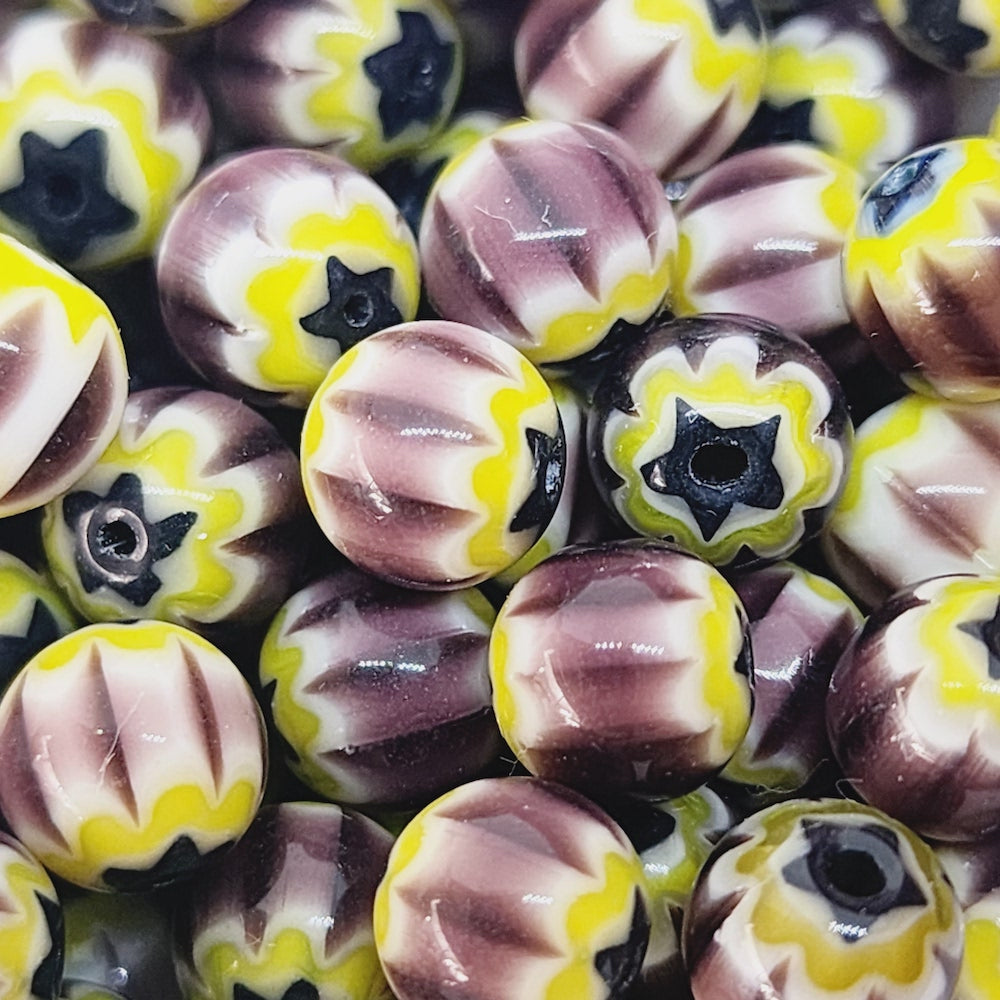8mm Round (25) - Aubergine & Yellow - Vintage Chevron Glass Beads