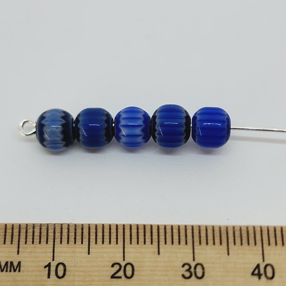 6mm Round (25) - Blue & Black - Vintage Chevron Glass Beads