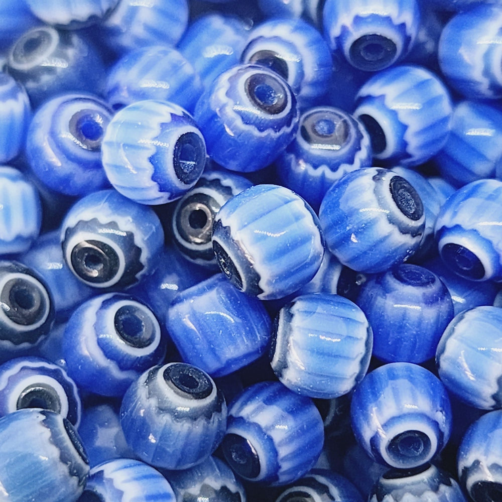 6mm Round (25) - Blue & Black - Vintage Chevron Glass Beads