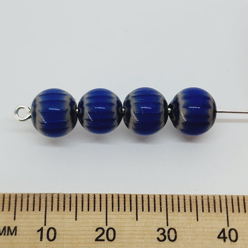 8mm Round (25) - Blue & Black - Vintage Chevron Glass Beads