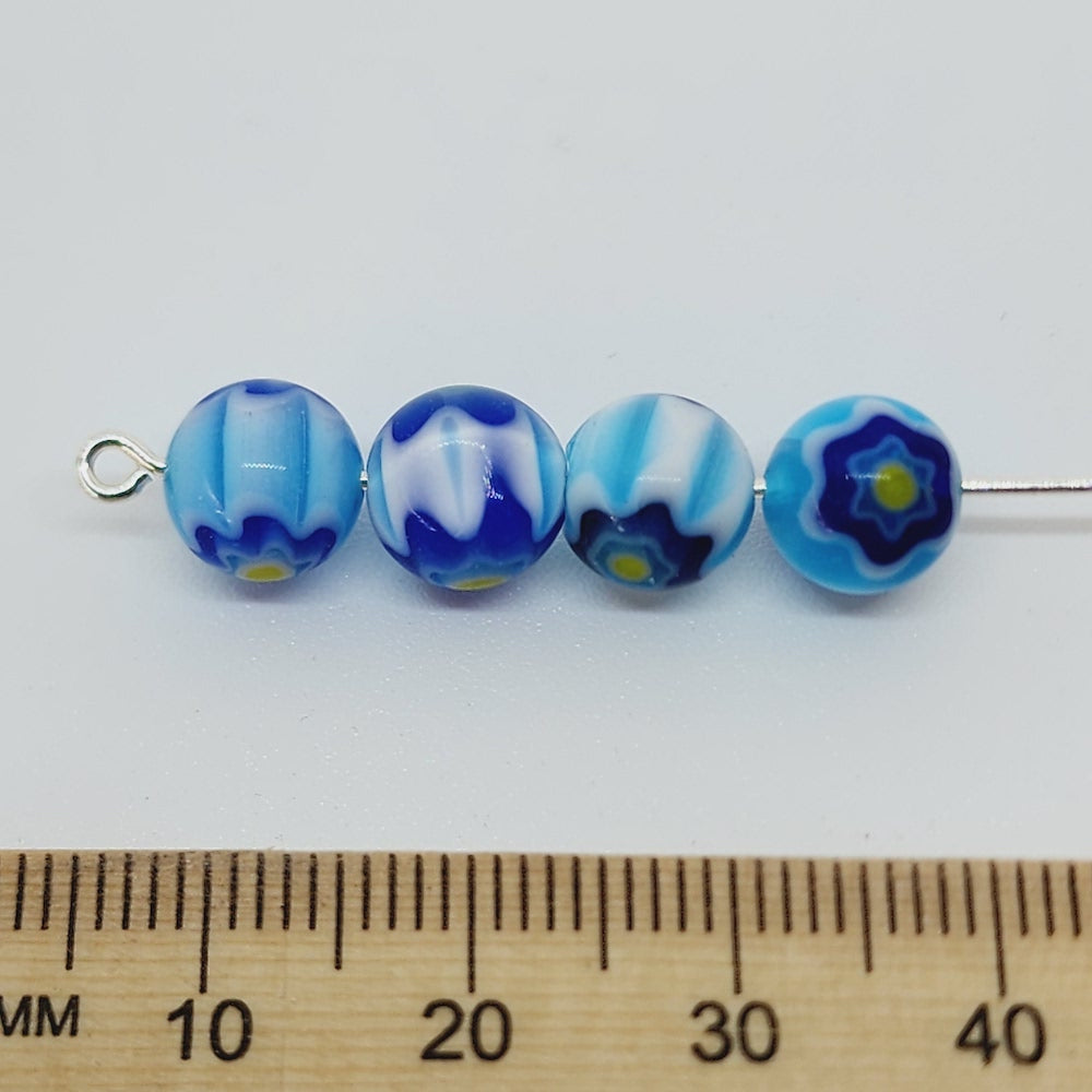 8mm Round Cross Drilled (25) - Aqua, Blue & Yellow - Vintage Chevron Glass Beads