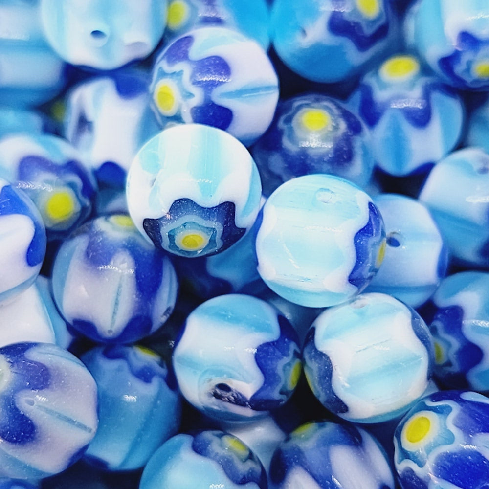 8mm Round Cross Drilled (25) - Aqua, Blue & Yellow - Vintage Chevron Glass Beads