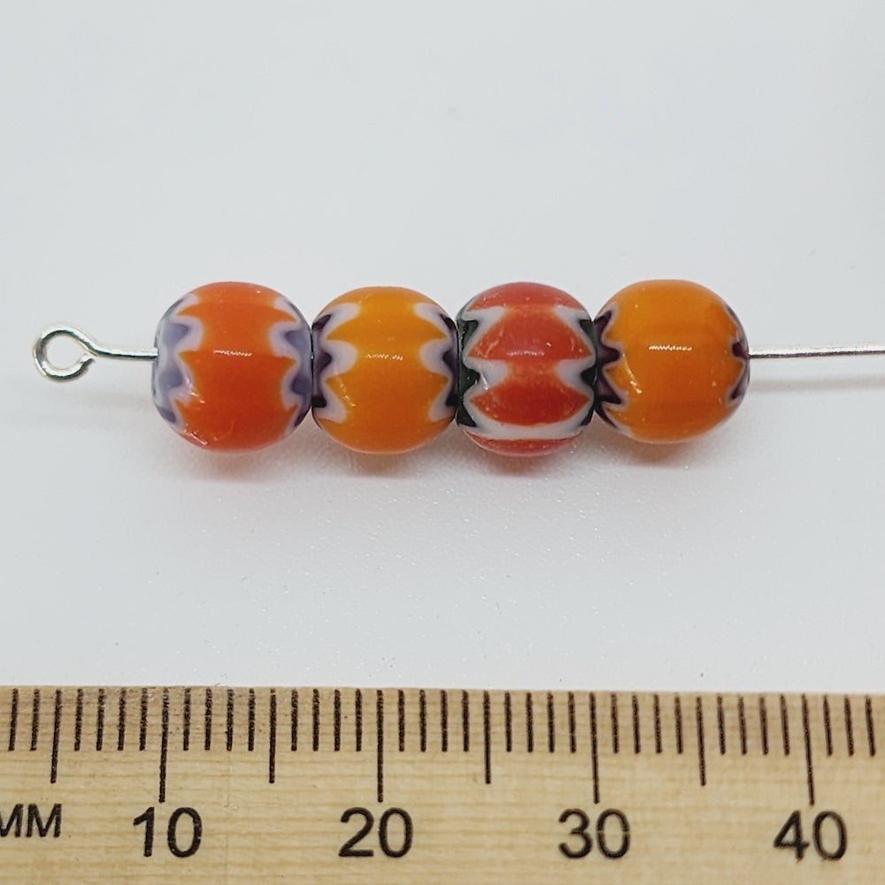 8mm Round (25) - Orange & Black & White - Vintage Chevron Glass Beads