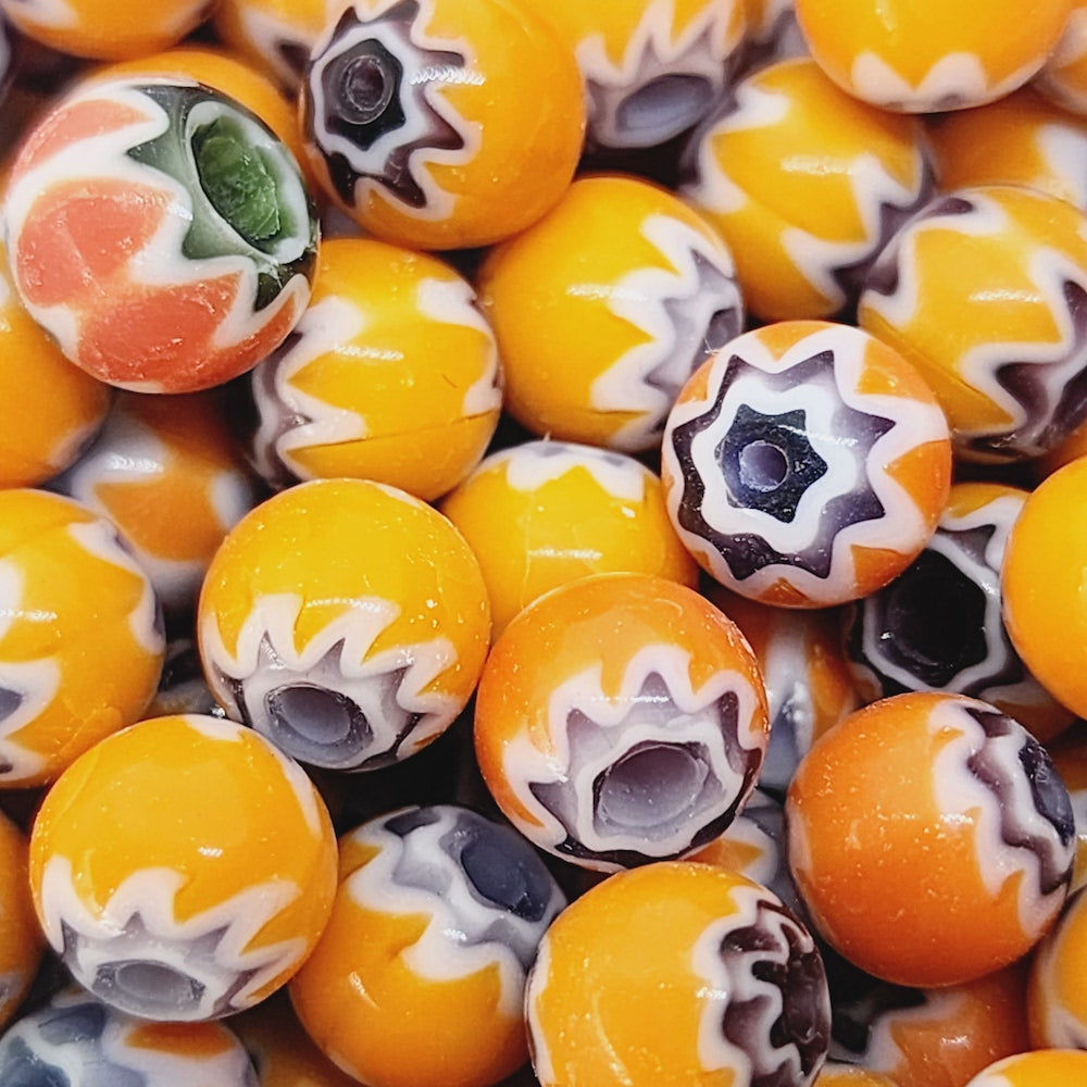 8mm Round (25) - Orange & Black & White - Vintage Chevron Glass Beads