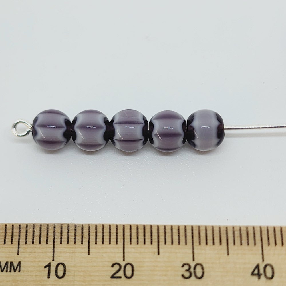 6mm Round (25) - Mauve & Black - Vintage Chevron Glass Beads