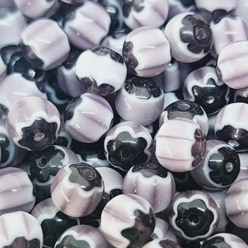 6mm Round (25) - Mauve & Black - Vintage Chevron Glass Beads