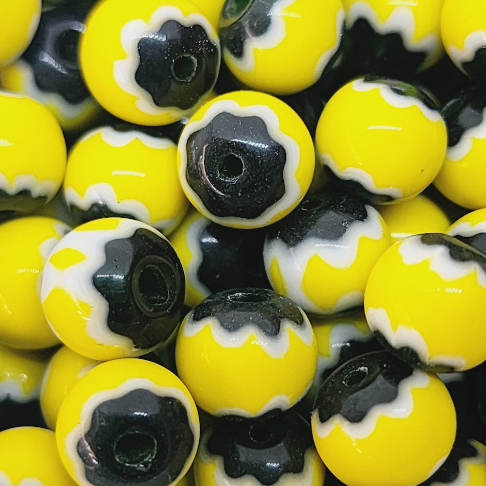 8mm Round (25) - Yellow & Black - Vintage Chevron Glass Beads