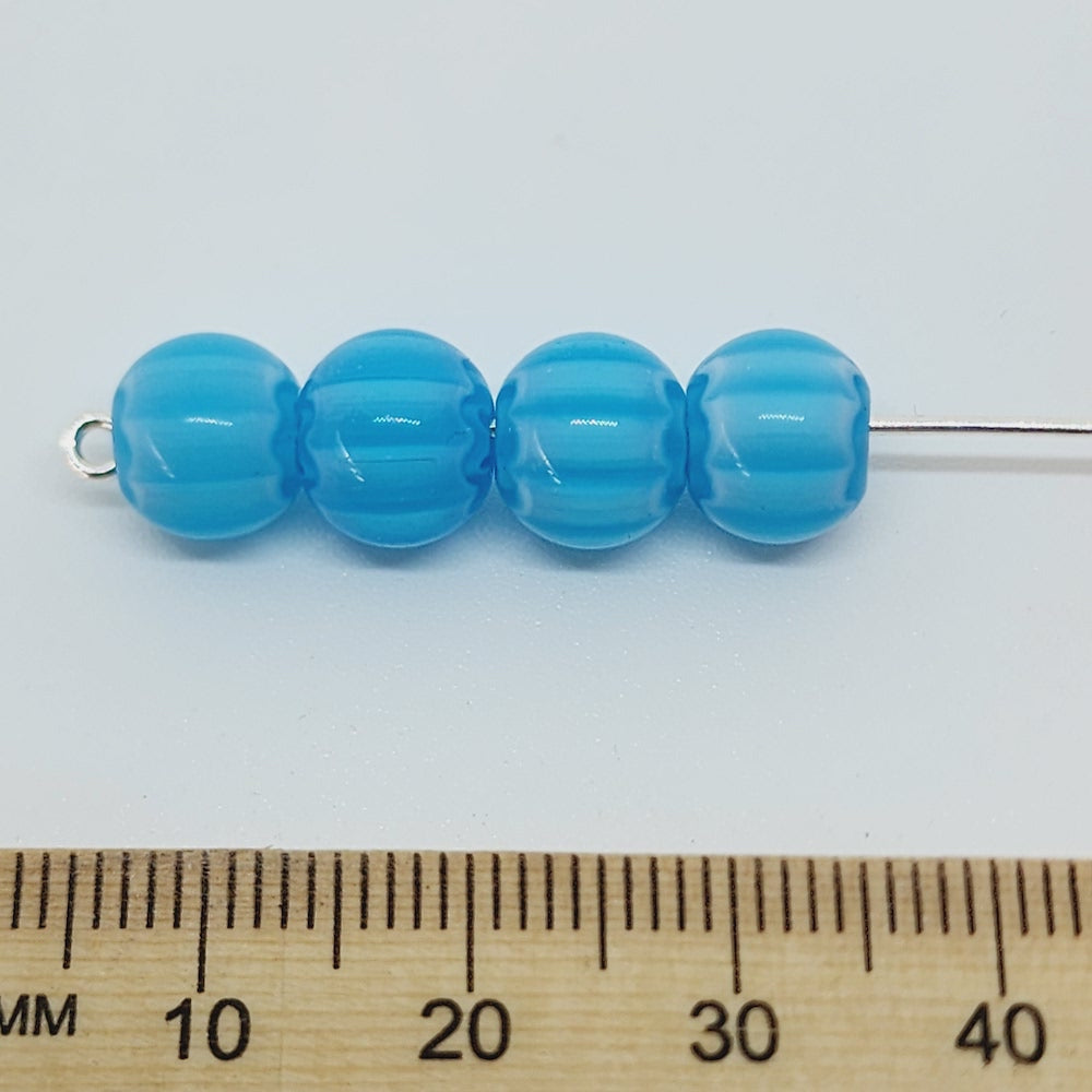 8mm Round (25) - Aqua & White - Vintage Chevron Glass Beads