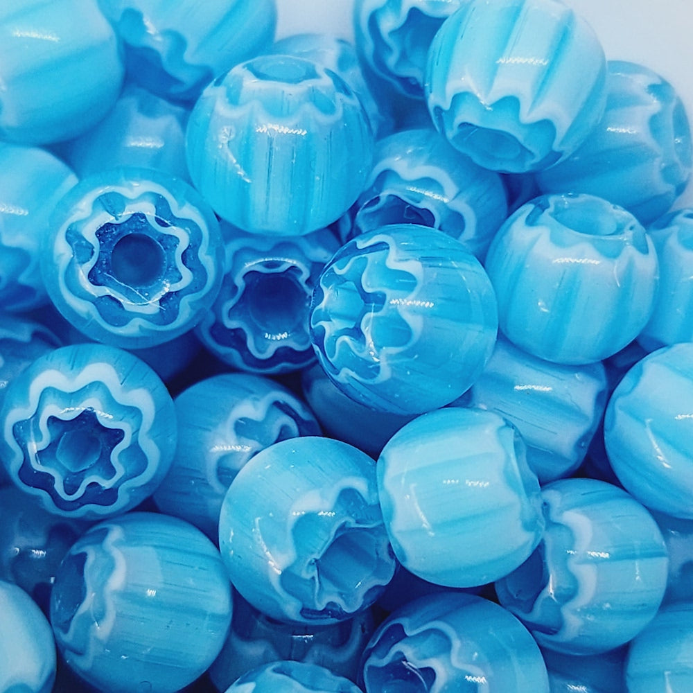 8mm Round (25) - Aqua & White - Vintage Chevron Glass Beads