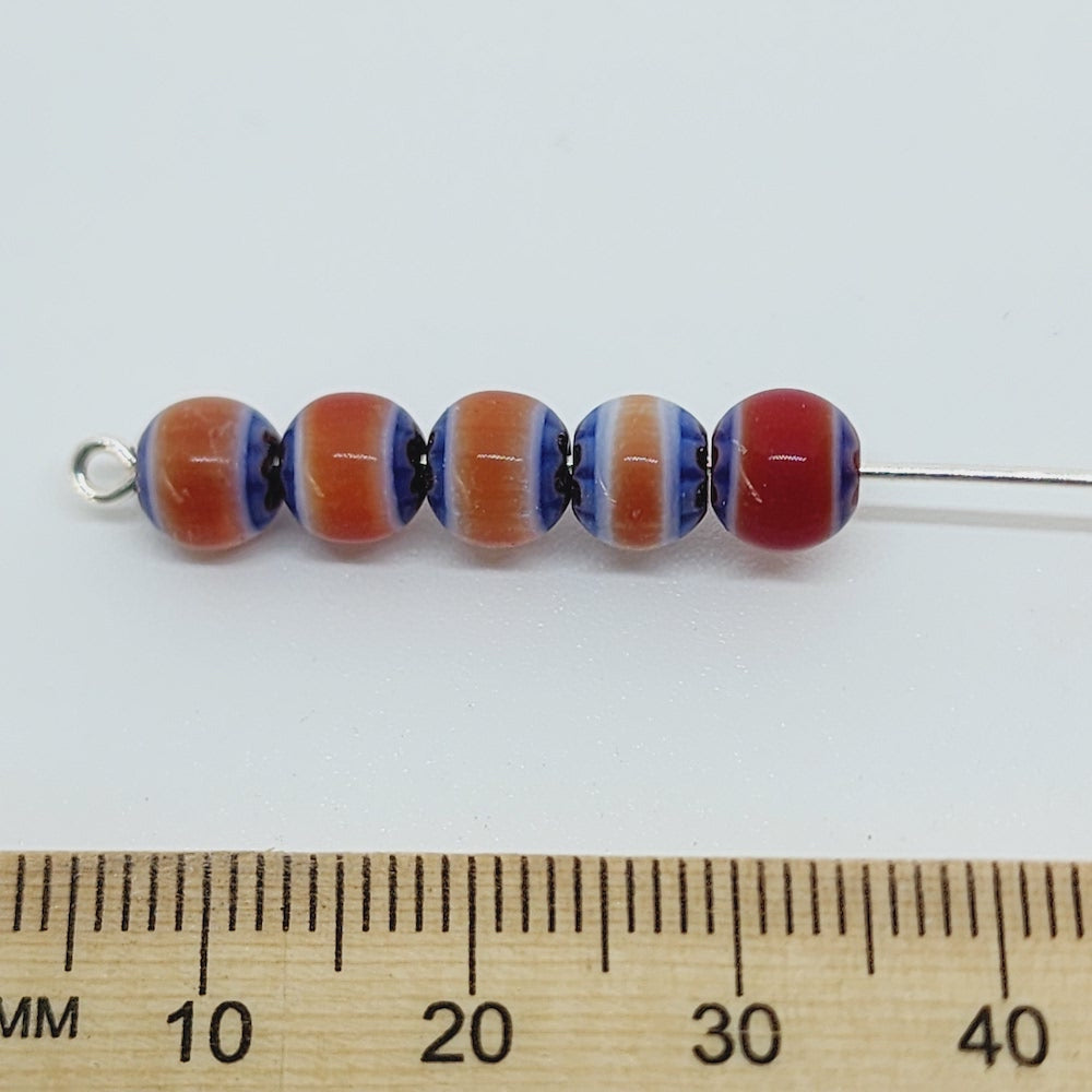 6mm Round (25) - Red, White & Blue - Vintage Chevron Glass Beads