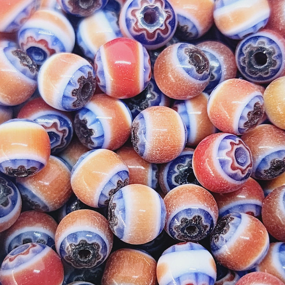 6mm Round (25) - Red, White & Blue - Vintage Chevron Glass Beads