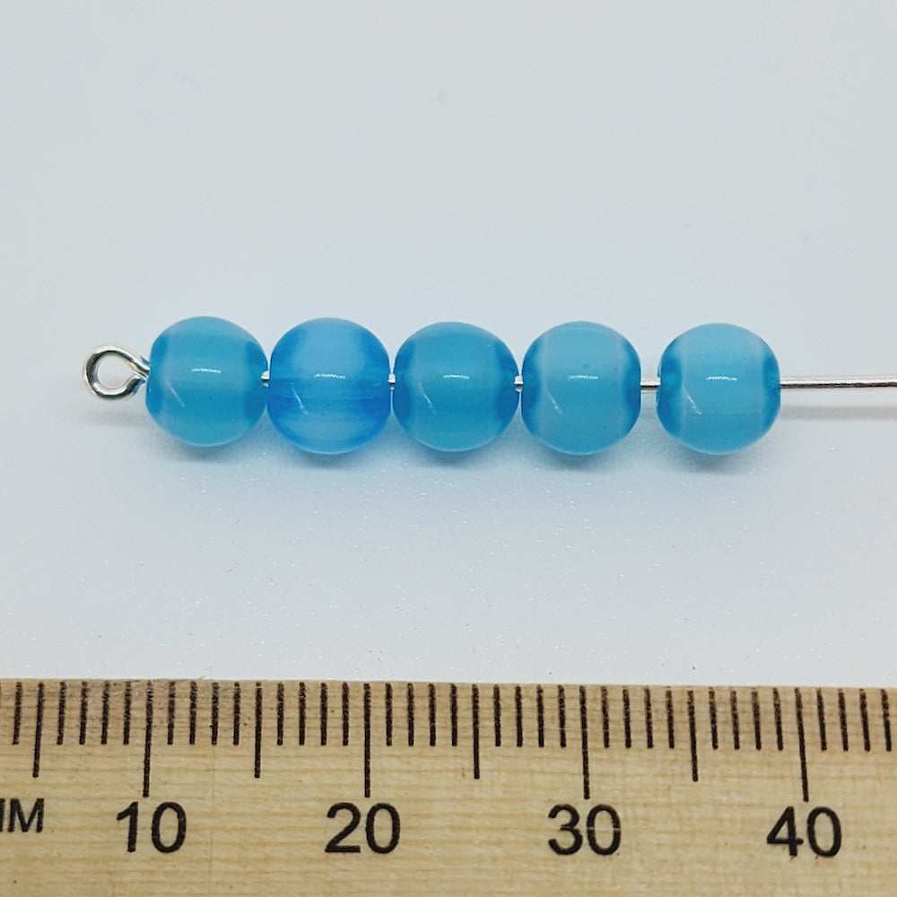 6mm Round (25) - Aqua & White - Vintage Chevron Glass Beads