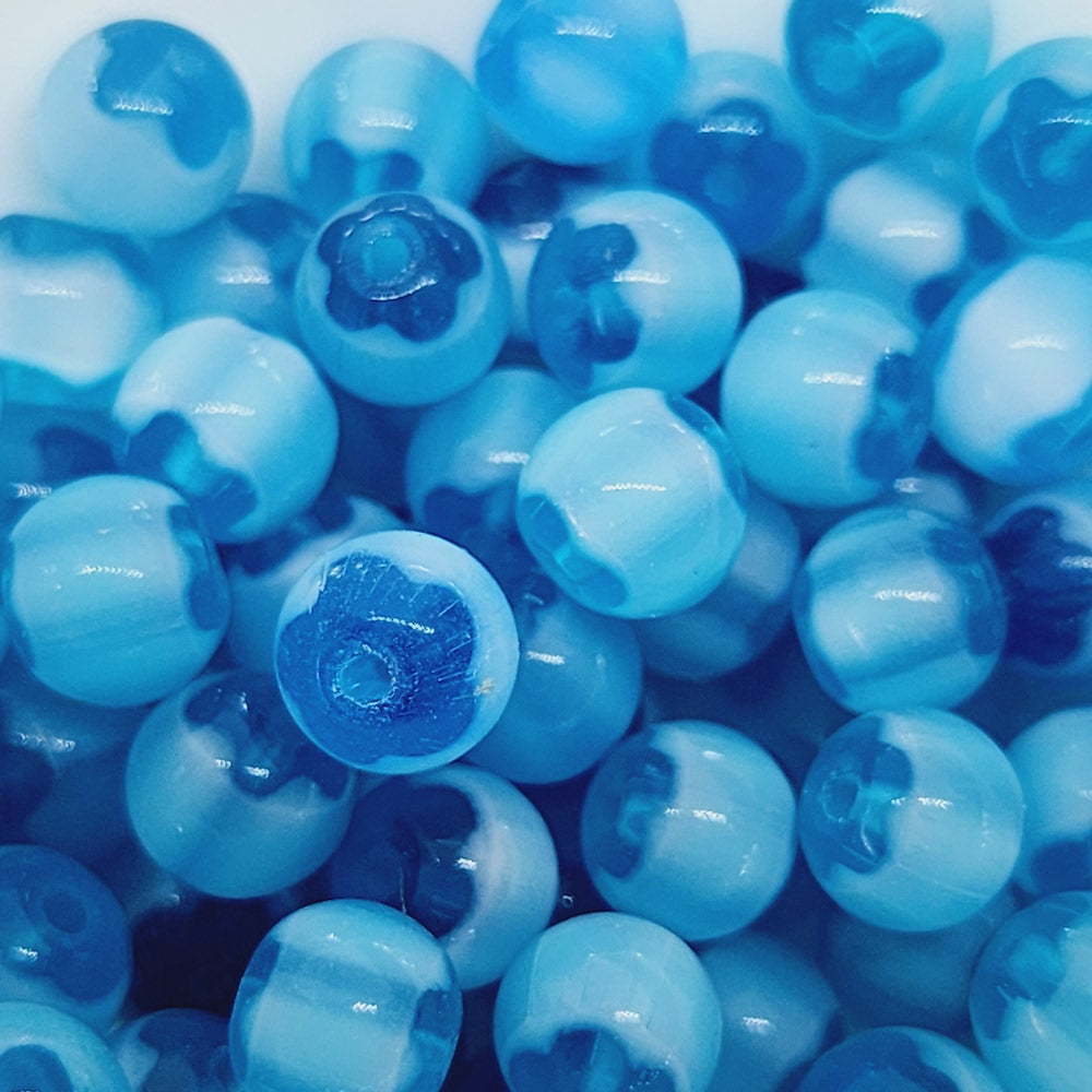 6mm Round (25) - Aqua & White - Vintage Chevron Glass Beads