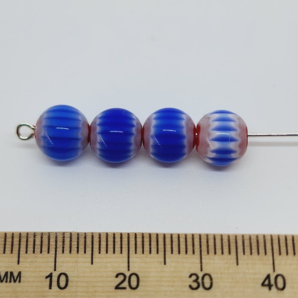8mm Round (25) - Blue & Red - Vintage Chevron Glass Beads