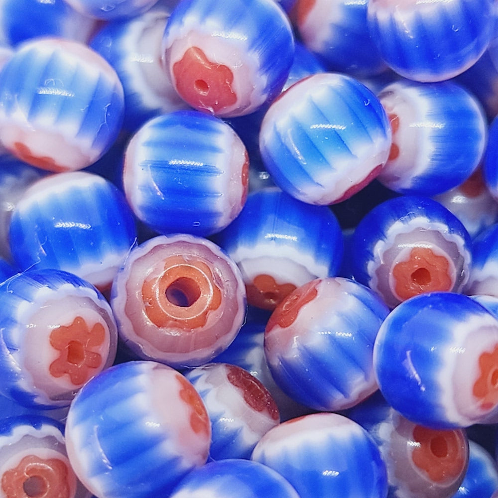 8mm Round (25) - Blue & Red - Vintage Chevron Glass Beads