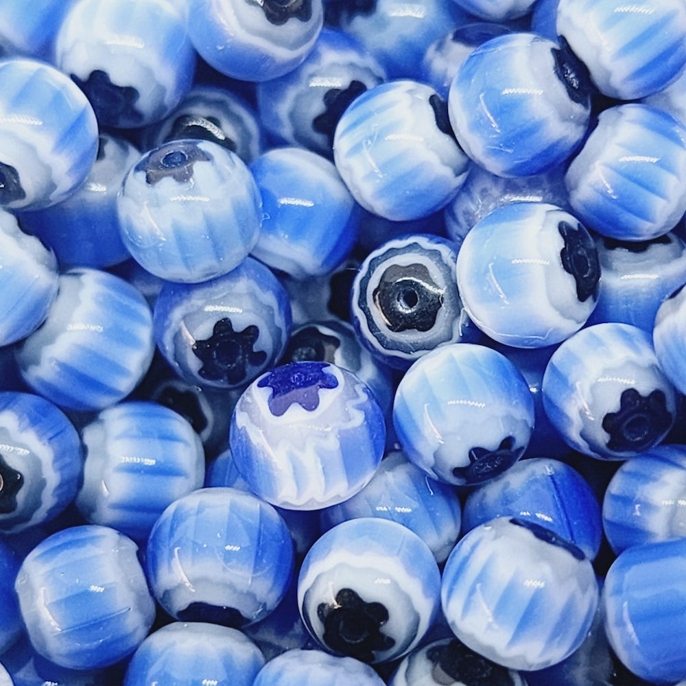 6mm Round (25) - Blue, Black & White - Vintage Chevron Glass Beads