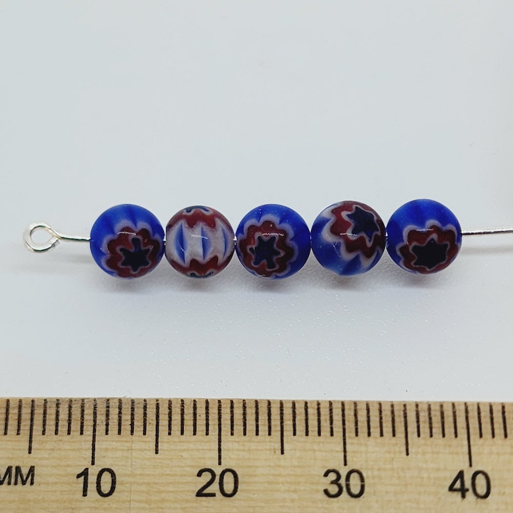 6mm Cross Drilled Round (25) - Blue, Red & White - Vintage Chevron Glass Beads