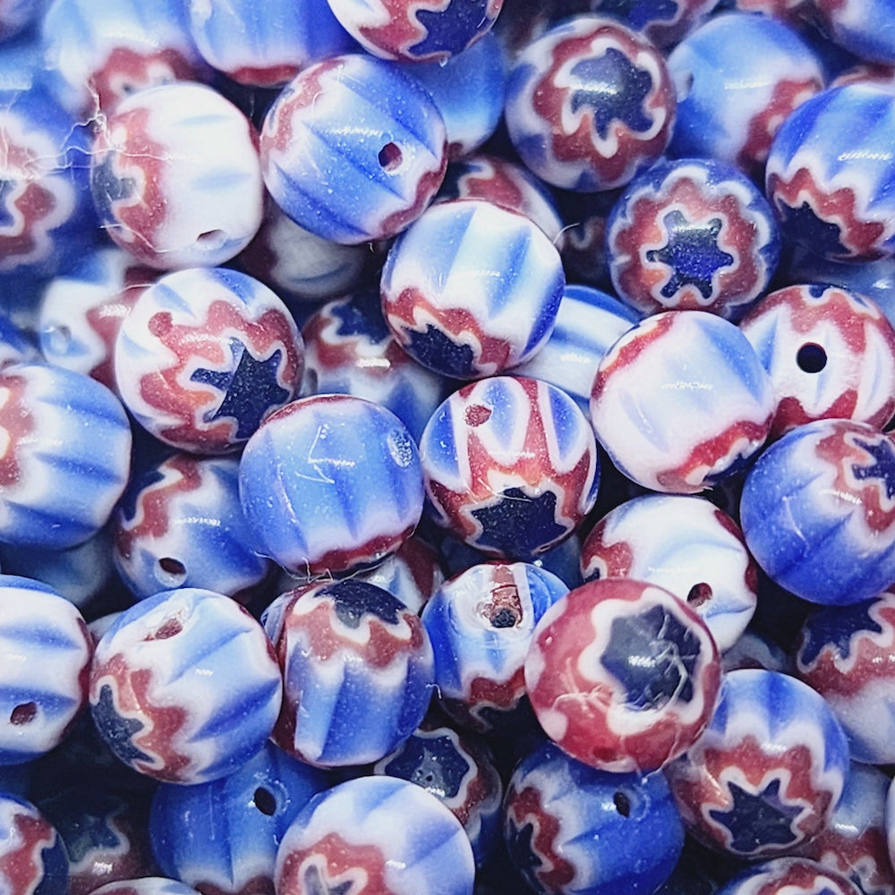 6mm Cross Drilled Round (25) - Blue, Red & White - Vintage Chevron Glass Beads