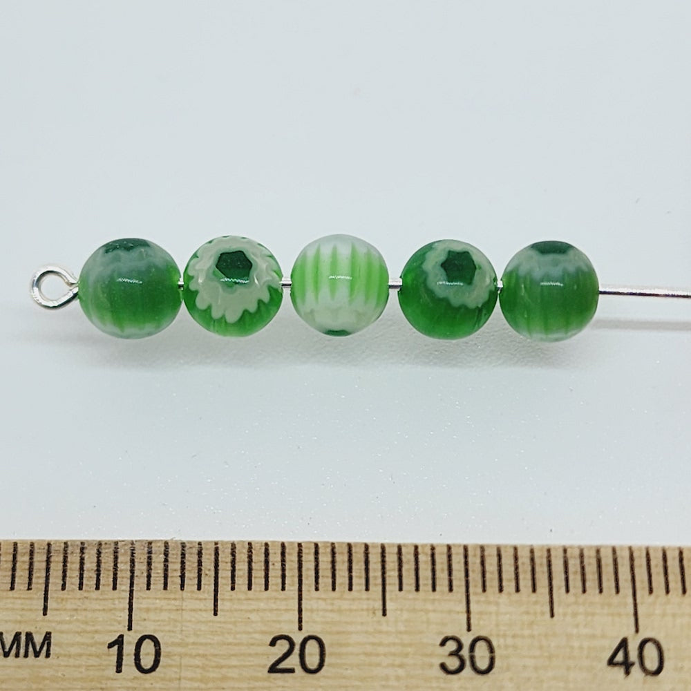 6mm Cross Drilled Round (25) - Lt Green & Dk Green- Vintage Chevron Glass Beads