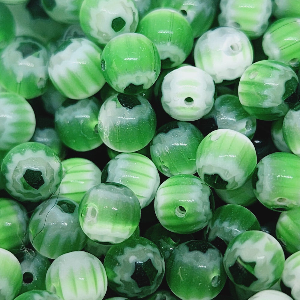 6mm Cross Drilled Round (25) - Lt Green & Dk Green- Vintage Chevron Glass Beads
