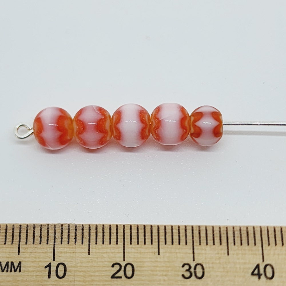 6mm Round (25) - White, Orange & Yellow - Vintage Chevron Glass Beads